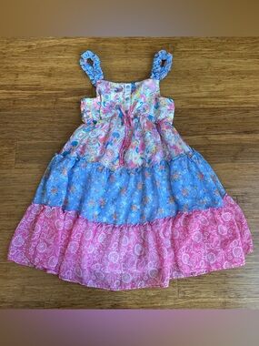 JONA MICHELLE Girls 10 Pink & Blue Floral Ruffle Tiered Boho Summer Dress